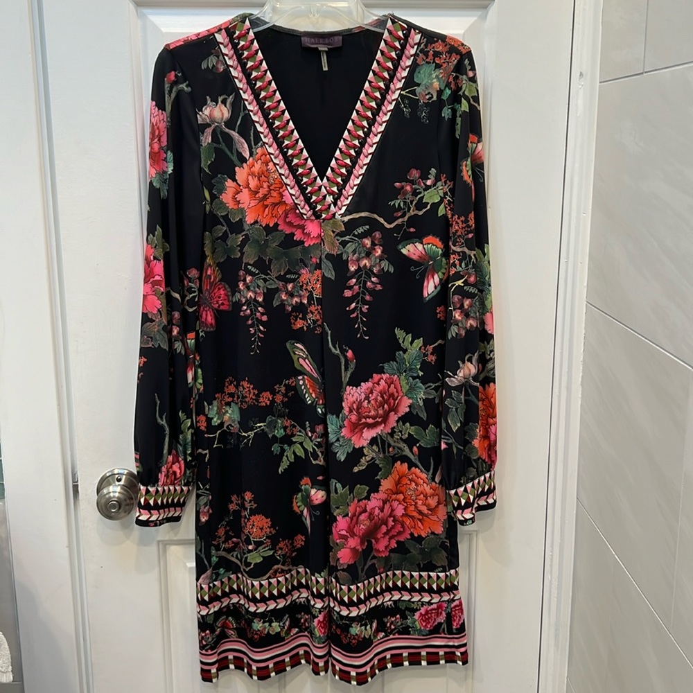 Long sleeve beaded neck printed dress